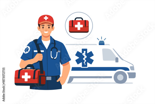 Smiling male paramedic with ambulance and medical equipment