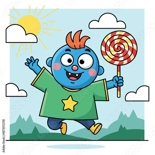 Funny robot character illustration and vector icon design featuring a fun boy and his animal friend at a child party drawing