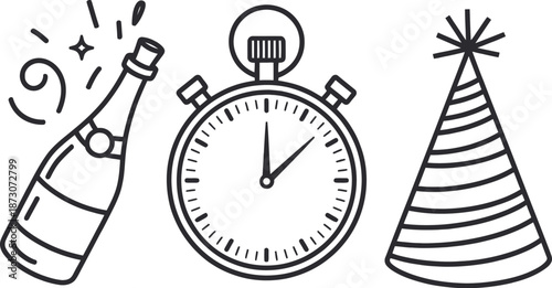 Black and white of champagne bottle party hat and stopwatch line