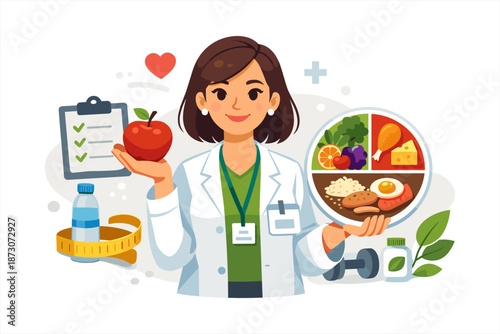 Female nutritionist with healthy food choices plate and exercise items