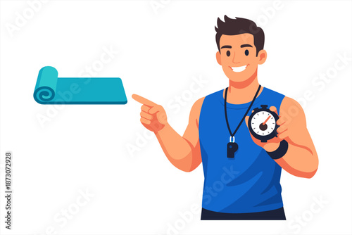 Young caucasian male fitness trainer with stopwatch pointing at yoga mat