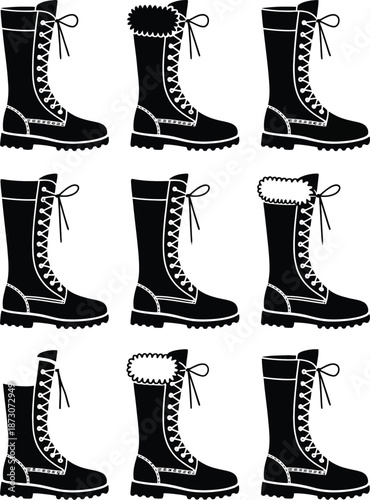 Black boots with white outlines and laces white shoes footwear
