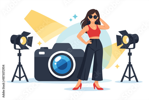 Stylish female photographer with camera and studio lights in creative setting