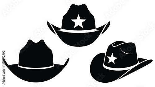 Black cowboy hats with white stars and bands