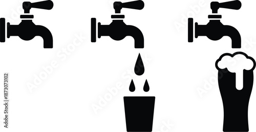 Black silhouette of taps with water flow faucet drops