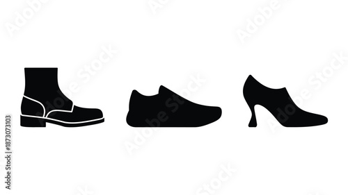 Black silhouettes of ankle boot loafer and heel shoes white background
