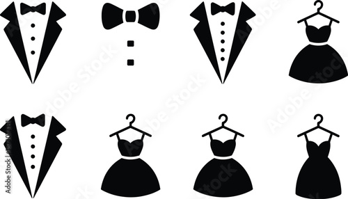 Black silhouettes of tuxedos and evening gowns hangers bowtie dress
