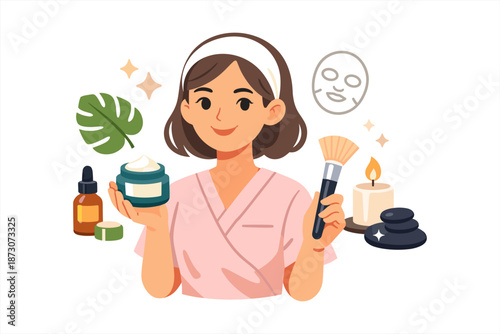 Young asian female spa enthusiast with skincare essentials in relaxing atmosphere