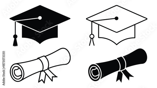 Graduation caps and diplomas in black and white
