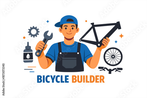 Young caucasian male bicycle builder with tools and bike frame illustration