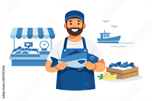 Smiling adult male fishmonger holding fresh fish at market