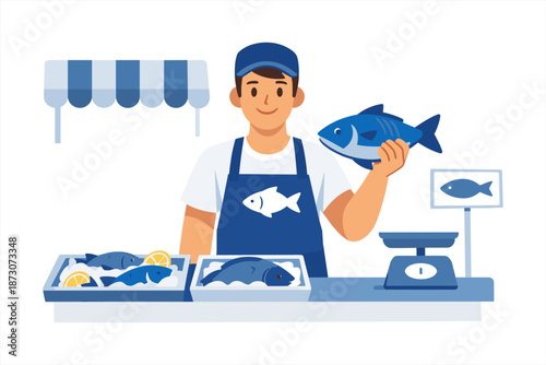 Caucasian male fishmonger displaying fresh catch at market stall with various fish selections