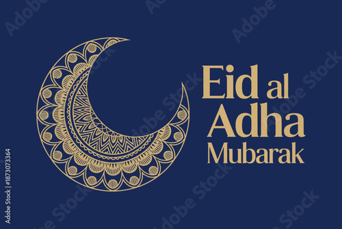 Elegant eid al adha mubarak greeting card with a golden decorative crescent moon on a deep blue background