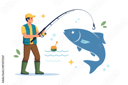 Young caucasian male angler catching fish with rod