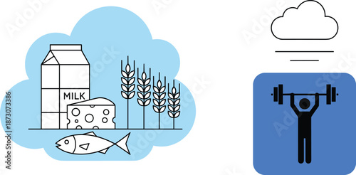 Indian thali meal, rice and curries, chapati bread, lime wedge, onion slices, garlic cloves, traditional cuisine, vector illustration