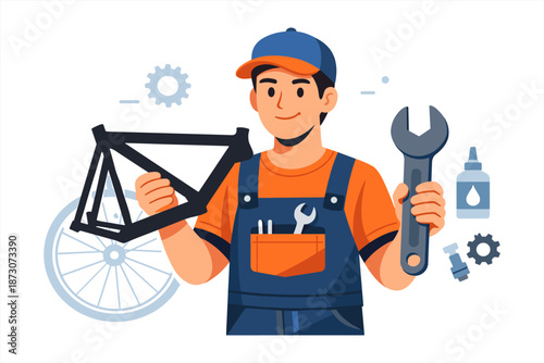 Young hispanic male mechanic holding bike frame and wrench illustration