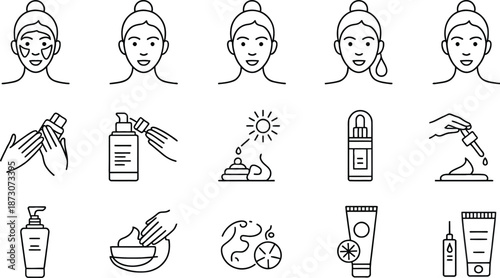 Skincare routine with faces and products line black