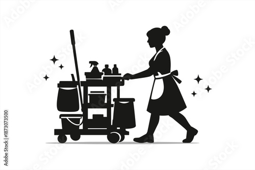 Female janitor silhouette with cleaning cart and supplies