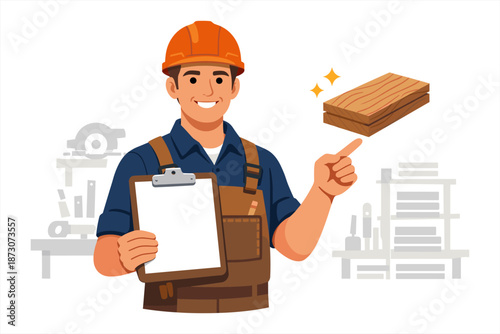 Smiling male carpenter presenting wood in workshop with clipboard and tools