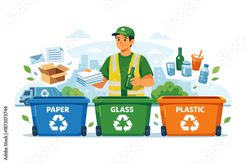 Recycling worker sorting paper, glass, and plastic for sustainable waste management