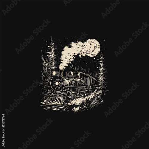 Vintage hand drawn engraving of a classic steam locomotive train traveling through a pine forest under a full moon at night.