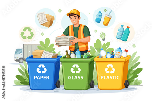 Young hispanic male recycling worker sorting paper, glass, and plastic materials