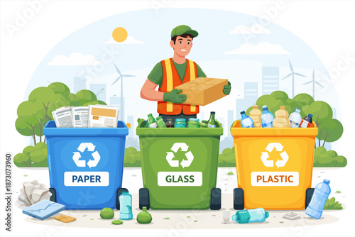 Male recycler sorting paper, glass, and plastic into bins in eco-friendly park
