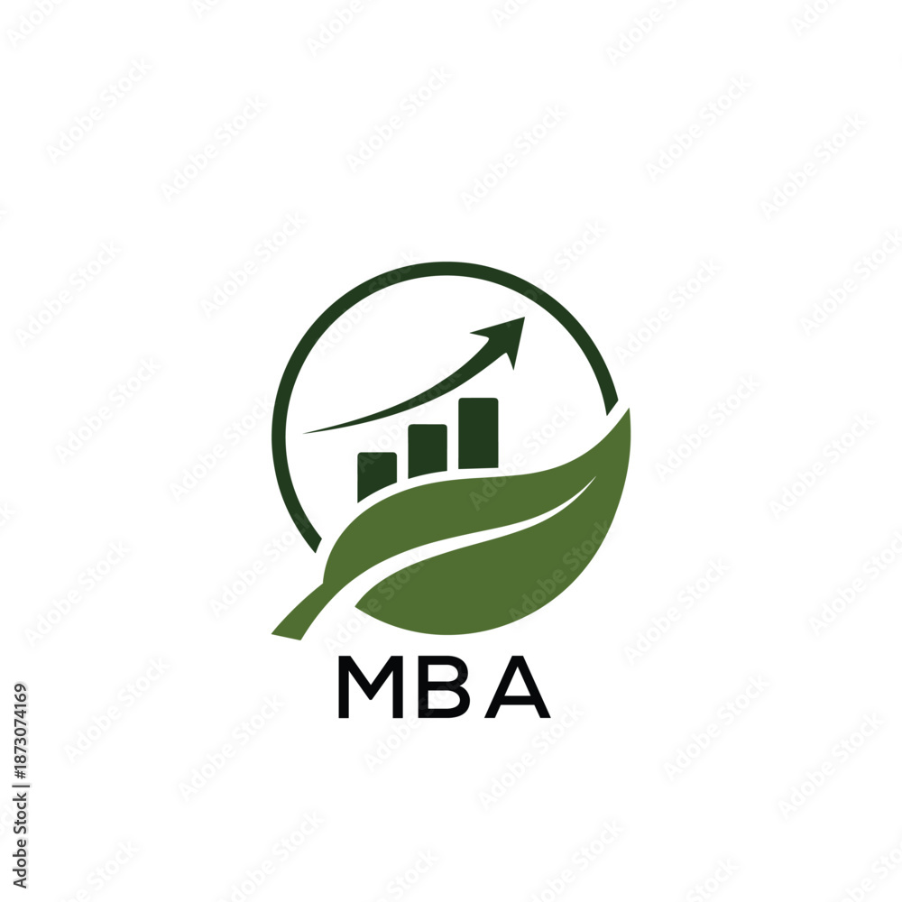 Obraz premium MBA Green Growth Logo with Leaf and Upward Chart. MBA Business, Finance, Investment & Eco. MBA Branding Icon 