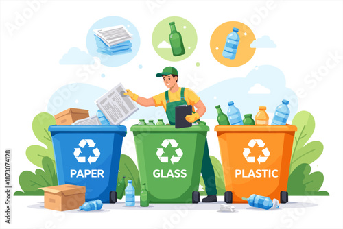 Young caucasian male recycling worker sorting paper, glass, and plastic waste