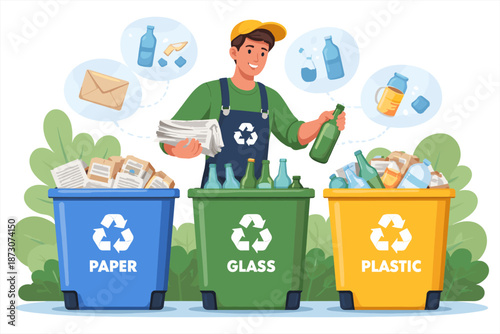 Male recycler sorting waste into paper, glass, and plastic bins