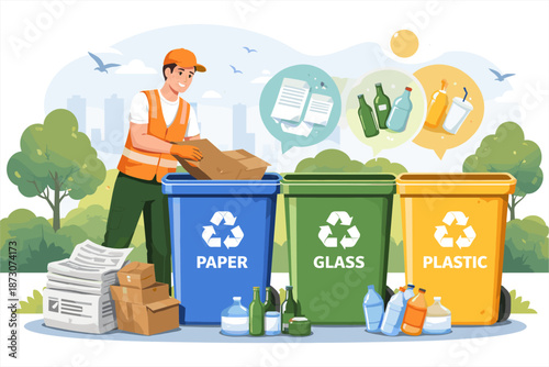 Male recycler sorting paper glass plastic bins in park setting for environmental conservation
