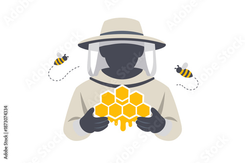 Beekeeper in protective suit holding honeycomb with bees flying around