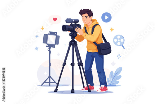 Young hispanic male filmmaker with camera equipment and tripod