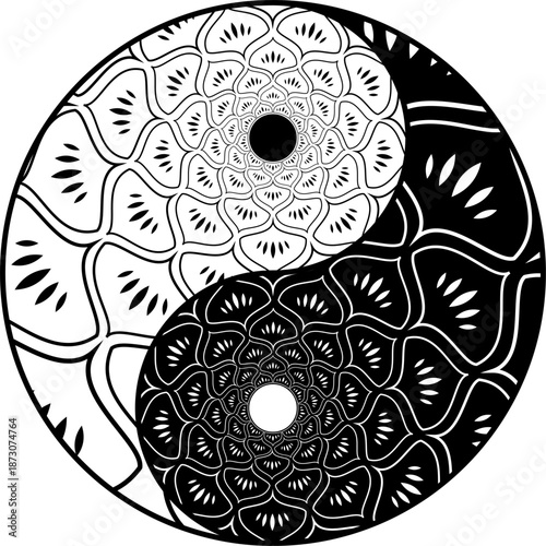 Yin Yang Floral Mandala Coloring Page, Intricate Black and White Zentangle Pattern, Balance and Harmony Symbol for Adult Relaxation, Mindfulness, Stress Relief and Art Therapy