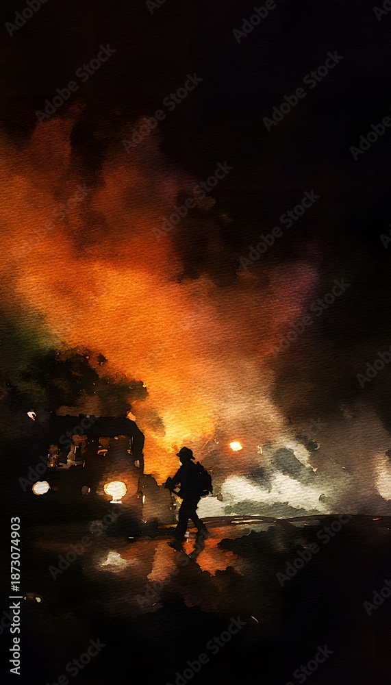 Fototapeta premium Dramatic watercolor firefighter battles intense night blaze heroic rescue scene vivid emergency response art