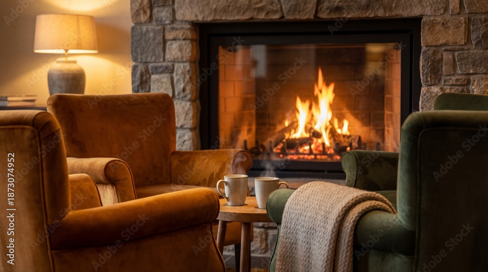 Fototapeta premium Warm and inviting ambiance created by a roaring fire in a stone fireplace, adorned with cozy armchairs and soft lighting.