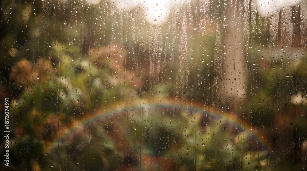 Fototapeta premium A serene vista, raindrops gently cascade on the window pane, where a vibrant rainbow emerges after the storm, bridging the landscape of a lush garden.