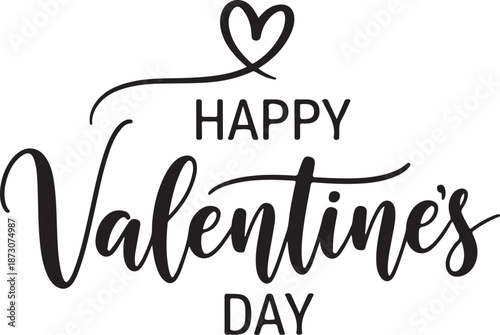 Minimalist black ink Happy Valentine's Day calligraphic text with a heart detail for clean modern romantic greeting card designs. , Generative Ai