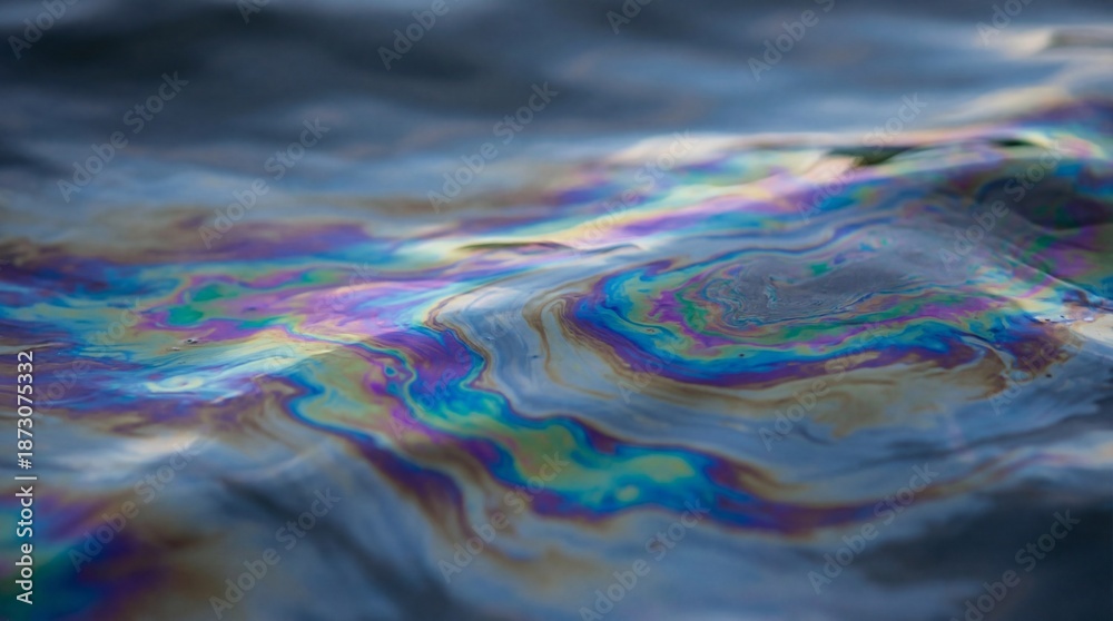 Fototapeta premium An oil spill on the water surface, creating a vibrant, multicolored sheen. A stark visual representation of environmental pollution, revealing the detrimental impact on the aquatic environment. 