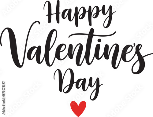 Classic Happy Valentine's Day black script lettering with a single small red heart on a white background for timeless romantic cards. , Generative Ai