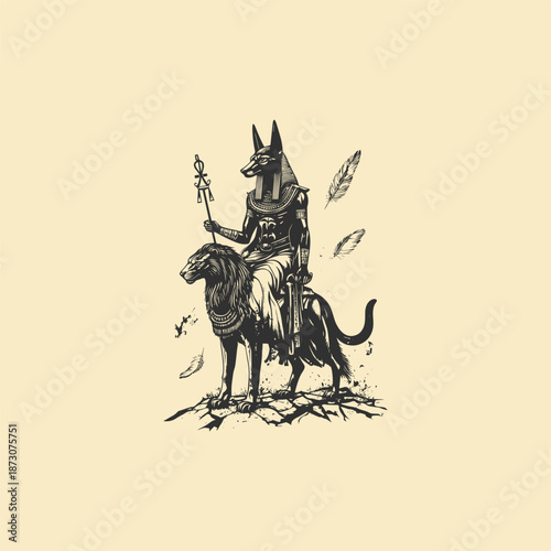 Vintage hand drawn engraving of the Egyptian god Anubis holding a scepter while riding a lion