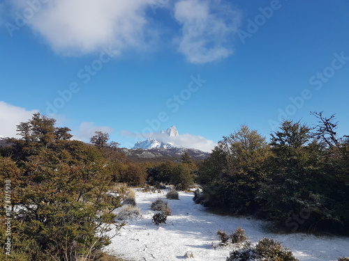 View of Mt Fitz Roy with Low Clouds, Hike to Loma del Pliegue Tumbado, El Chalten in Patagonia, Argentina
