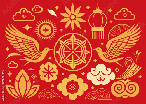 Golden symbols of spirituality and peace on a red background Vector