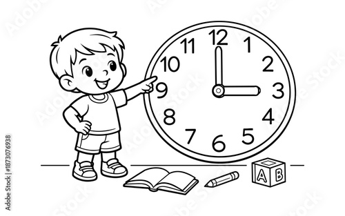 Cute cartoon boy pointing at a clock showing 3 o'clock, with school supplies