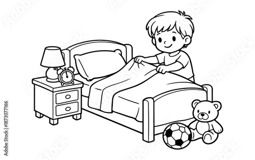 Cute cartoon boy making his bed with a teddy bear and soccer ball nearby