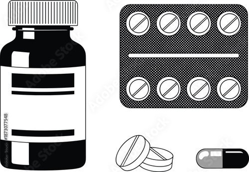 Medicine vector set, pharmaceutical icons, tablets capsules blister pack, pill bottle illustration, medical treatment symbols, healthcare graphics