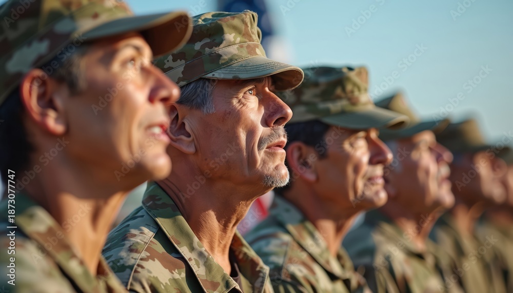 Fototapeta premium Group veterans stand together in uniform. Men in camouflage military hats look up in unity and respect. Soldiers in formation show patriotism and national pride.