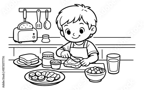 Cute cartoon boy making breakfast with toast and fruit in the kitchen