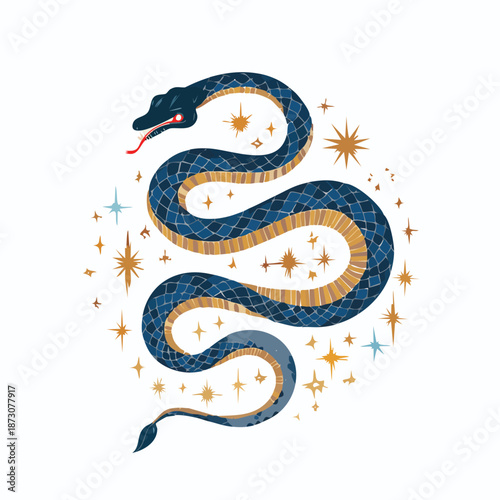 An ancient wildlife illustration featuring a dragon-like serpent snake on a white background designed as a vector reptile symbol for a nature postage stamp or art decoration