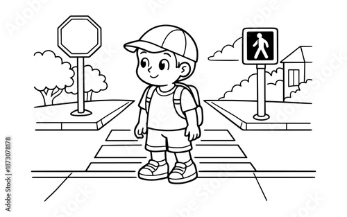 Cartoon boy with backpack waits at a crosswalk with traffic signs